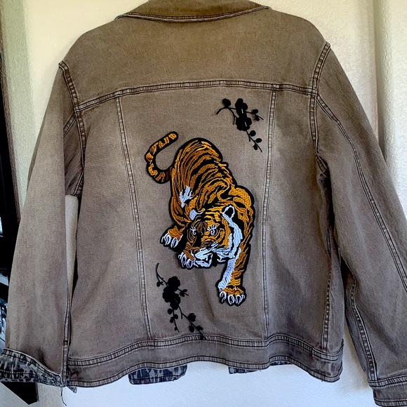 None Jackets & Blazers - 🎉HP🎉TIGER JACKET EMBELLISHED DENIM, taupe. Reversible. Reverse is leopard 1X EUC
